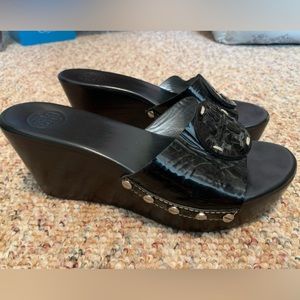 Tory Burch wedge mule wooden sandals black size 7.5